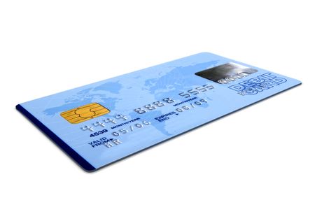 credit card over a white background - note the design of the card is my own and the numbers on the card are made up - perspective angle