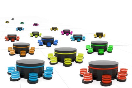 3d rendered cylinders to show a database concept on a tiled floor