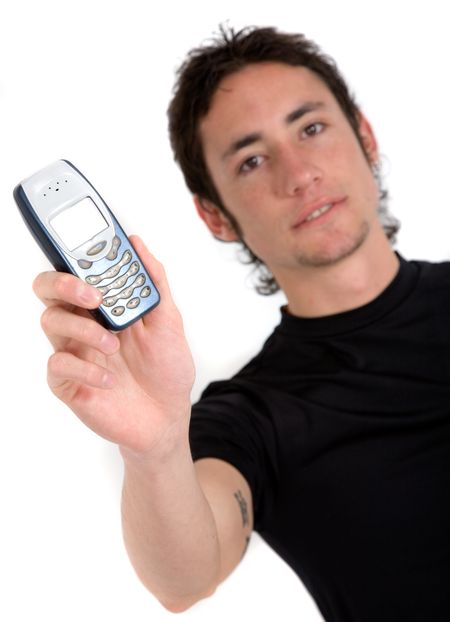 casual guy showing his mobile over white
