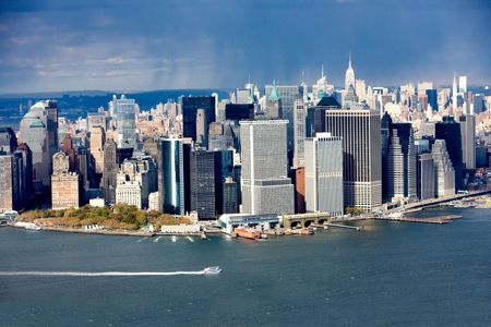 new york skyline in blue tones from the air