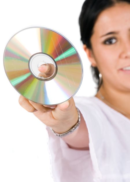 compact disc held by a friendly girl over a white background