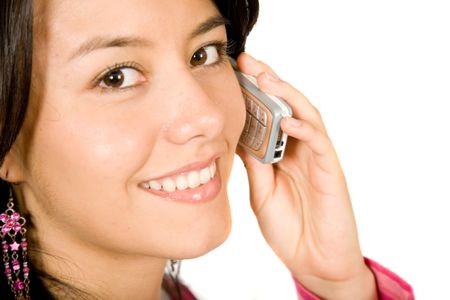 girl on the phone over a white background - focus is on phone and right eye