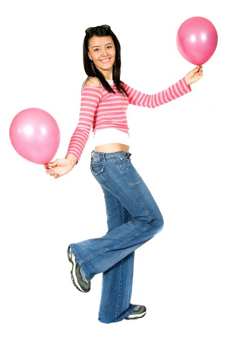 beautiful girl holding balloons over a white background
