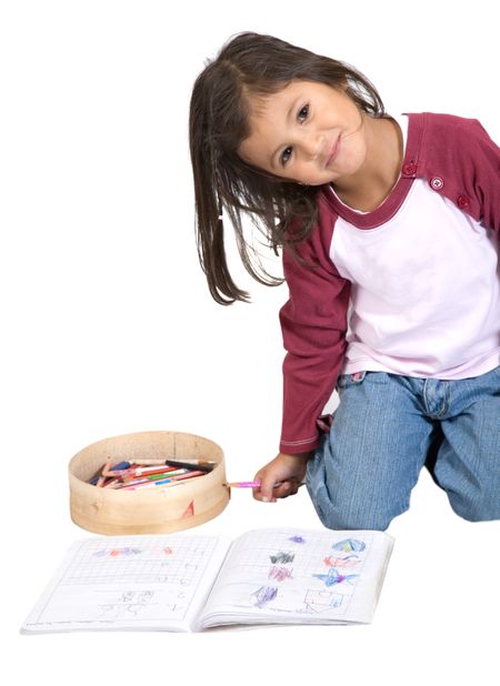 girl drawing on her notebook over a white background