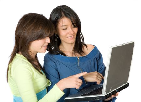 girls on a laptop over a white background