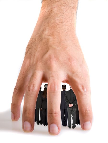 business team underneath a hand over a white background
