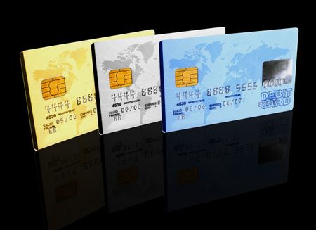 credit cards over a black background - note the design of the card is my own and the numbers on the card are made up