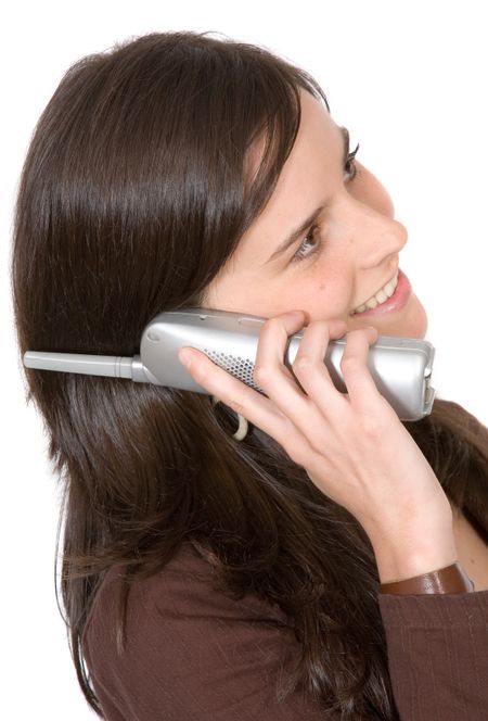 beautiful girl talking on the phone over white