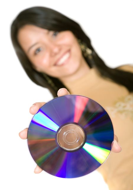 music cd held by a beautiful girl, focus on disc - shallow depth of field