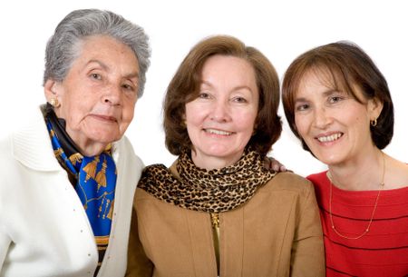 three generation family over a white background