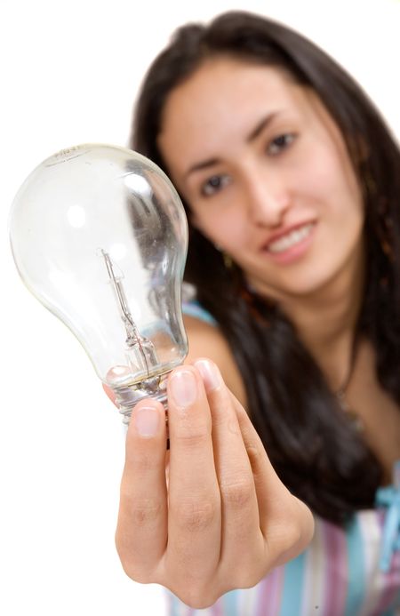 beautiful girl holding a lightbulb over a white background (shallow DOF)