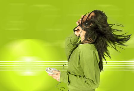 girl listening to music over a green moving background