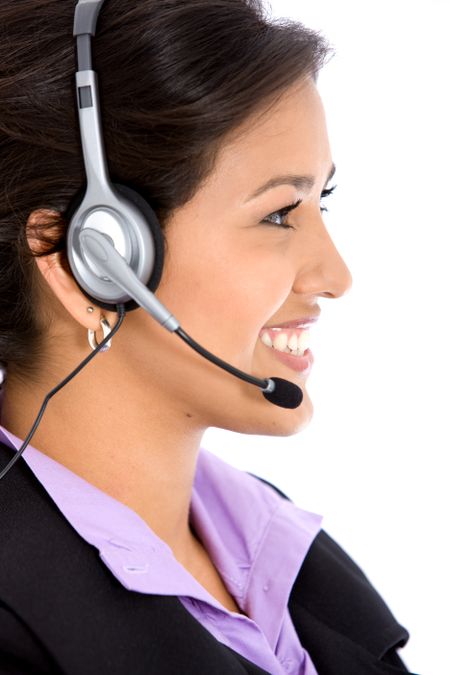 business helpdesk operator woman smiling - isolated over white