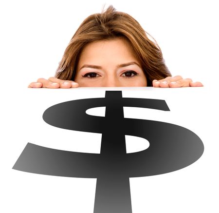 business woman looking at the money sign on the table - isolated