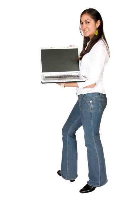 girl displaying a laptop over a white background