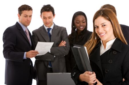 business woman leading a team isolated over a white background
