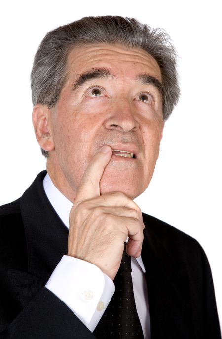 senior business man with a pensive expression over a white background