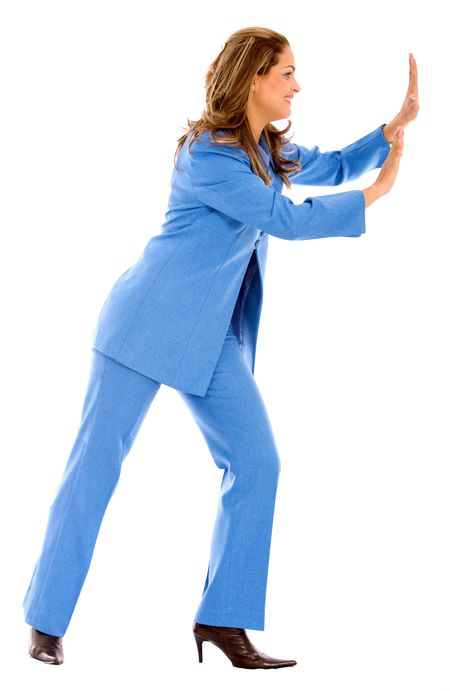 business woman pushing something isolated over a white background