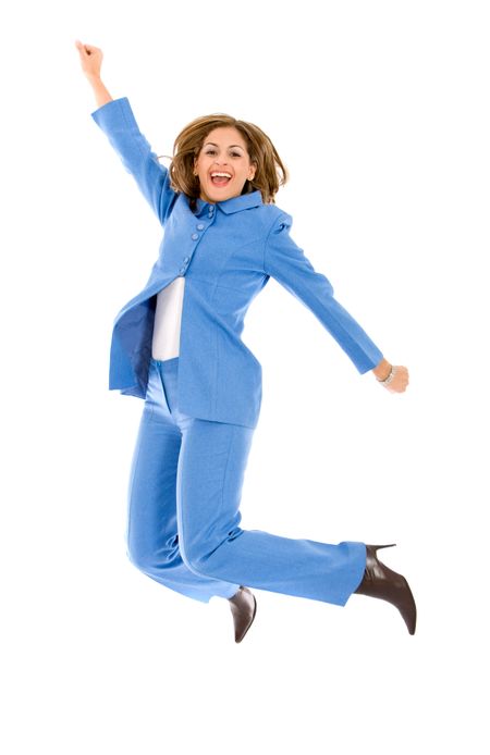 business woman jumping of success looking happy - isolated
