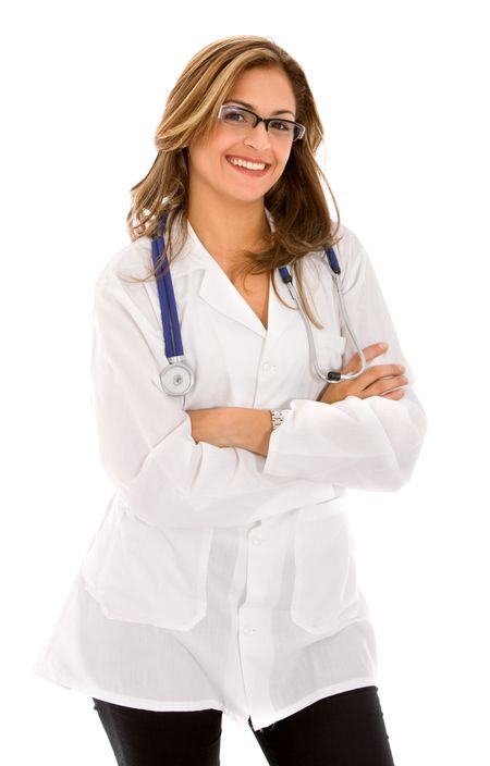 Friendly woman doctor smiling isolated over a white background