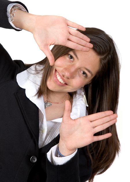 Business Woman with hands by her face over a white background