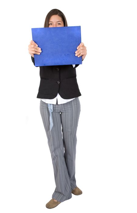 business woman holding a folder over a white background