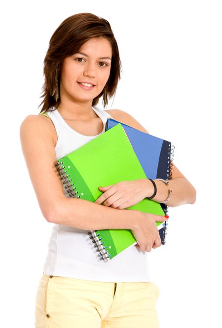 casual female student with notebooks over a white background