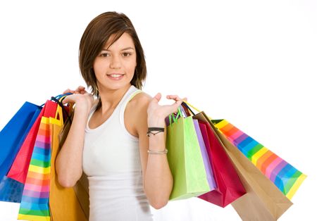 casual girl with shopping bags - isolated over a white background