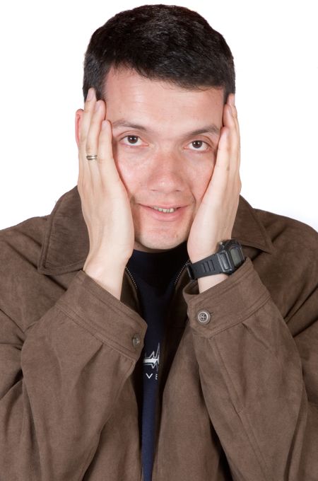 casual guy under stress over a white background