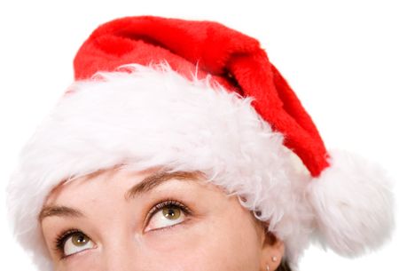female santa looking up over a white background