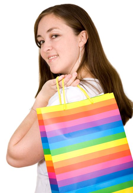 beautiful woman with shopping bags over white