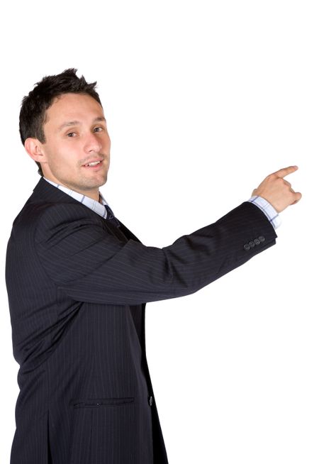 business man pointing at something over a white background
