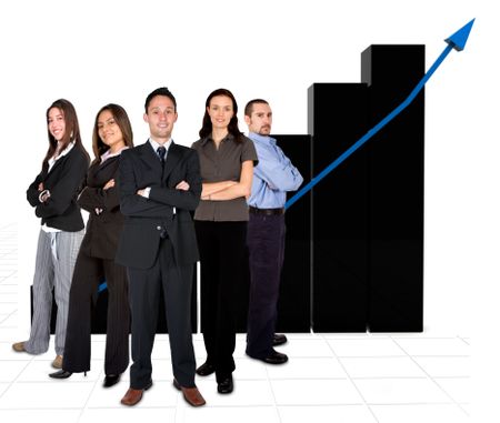 business team in front of a graph over white