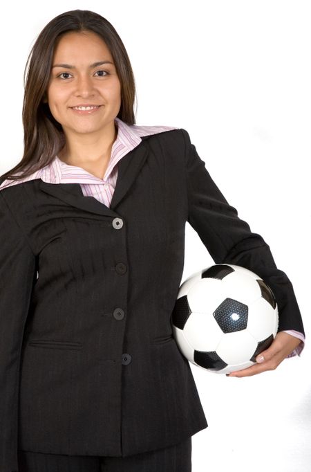 business woman holding a football ball over white background