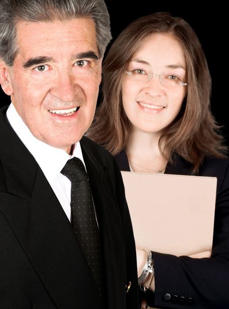 business partners over a black background