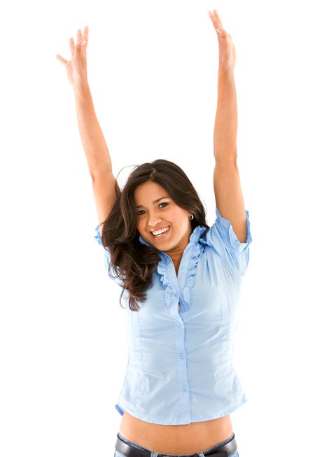 casual woman looking happy with her arms up - isolated