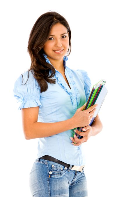 beautiful woman smiling - student isolated over a white background