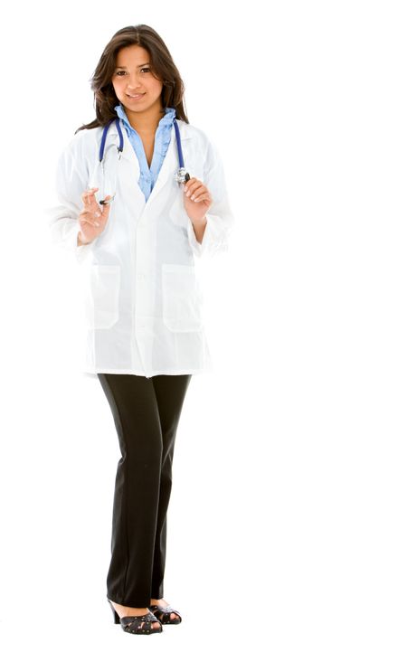 friendly woman doctor standing and smiling isolated over a white background