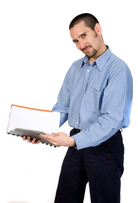 business man reading a book over white