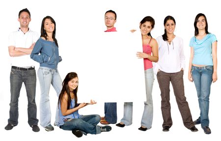 casual people with a white board in the middle over a white background