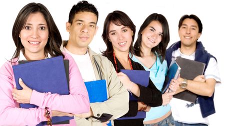 happy university students ove a white background - focus on girl in pink