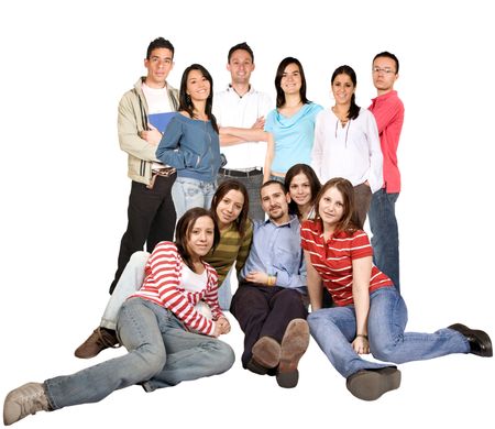 friends on the floor and standing over a white background