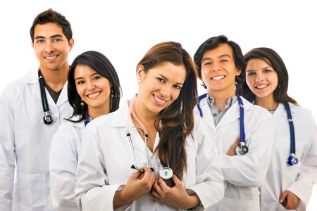 group of doctors standing isolated over a white background