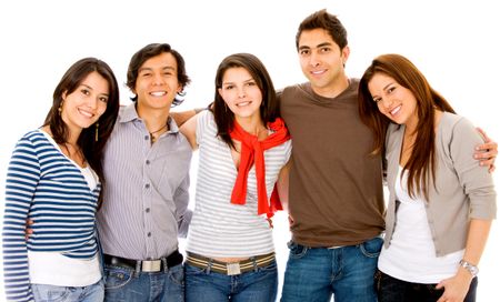 group of young adults smiling - isolated over a white background