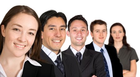 business team with a friendly woman leading - over a white background