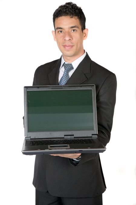 business man with laptop over a white background