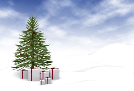 christmas tree with gifts in a white snowy landscape