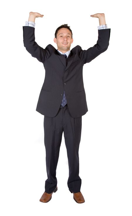 business man holding something up over a white background