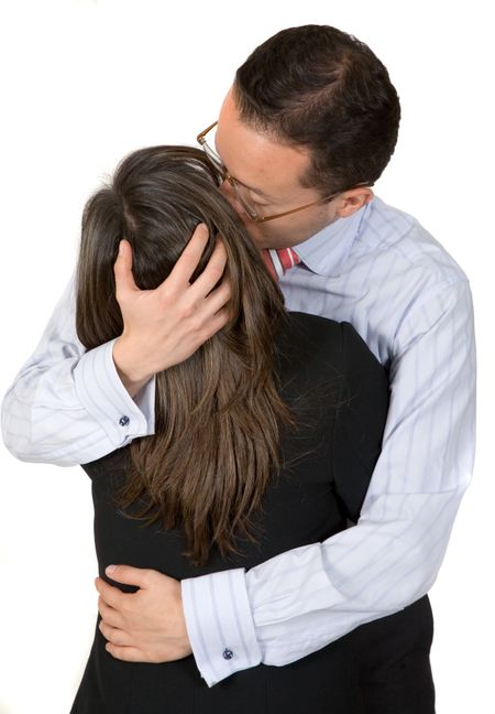 business partners kissing over a white background