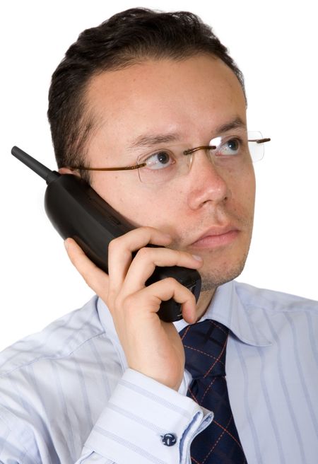 business man on an analogue phone over white